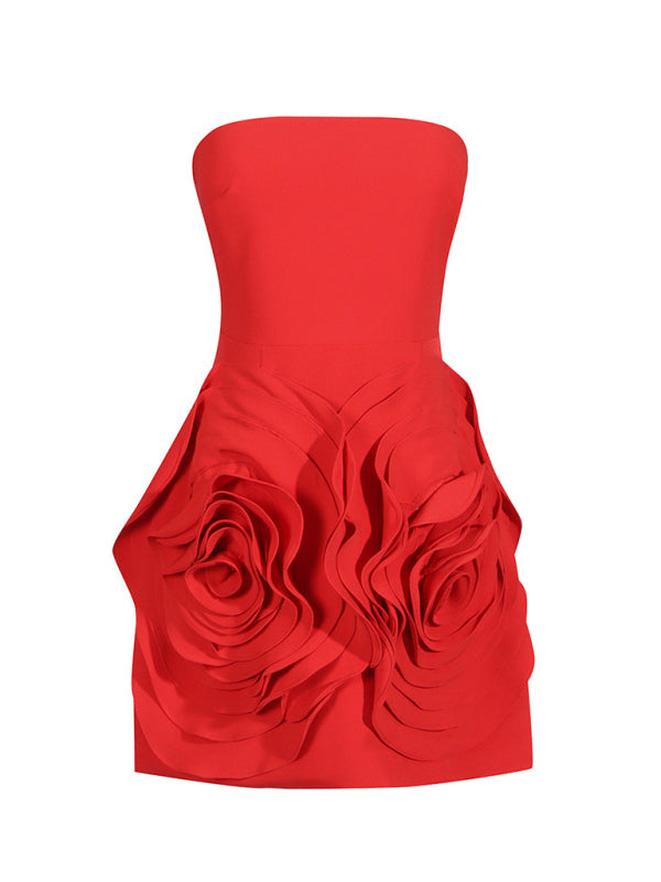 Tube Dresses - Bold Rose Applique Strapless Dress for Wedding Receptions