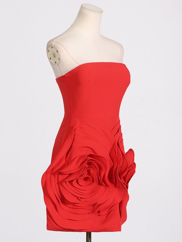 Tube Dresses - Bold Rose Applique Strapless Dress for Wedding Receptions