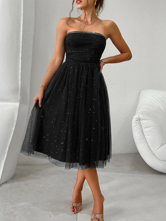 Tube Dresses - Strapless Flare Midi Dress with Sparkly Overlay LBD