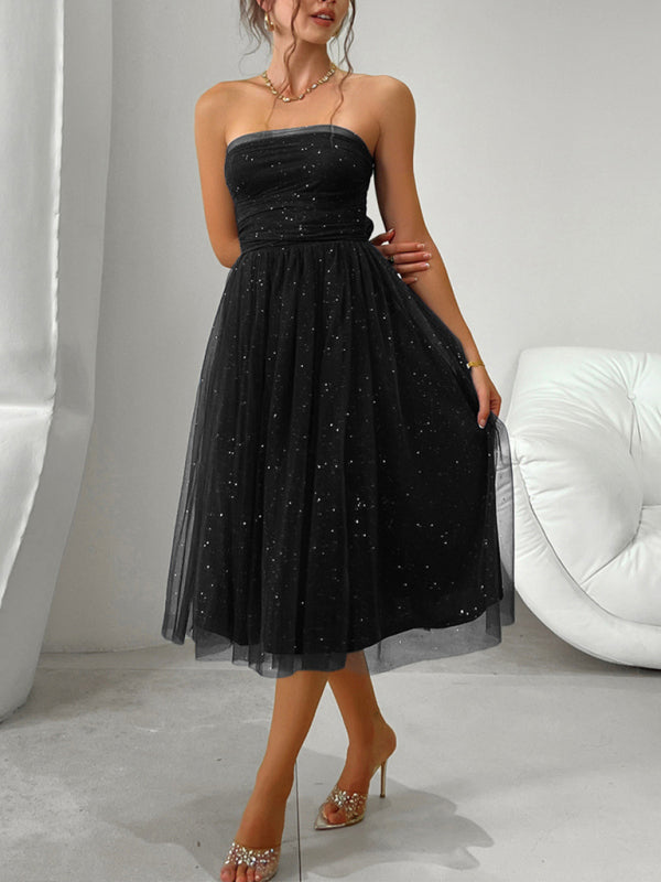 Tube Dresses - Strapless Flare Midi Dress with Sparkly Overlay LBD