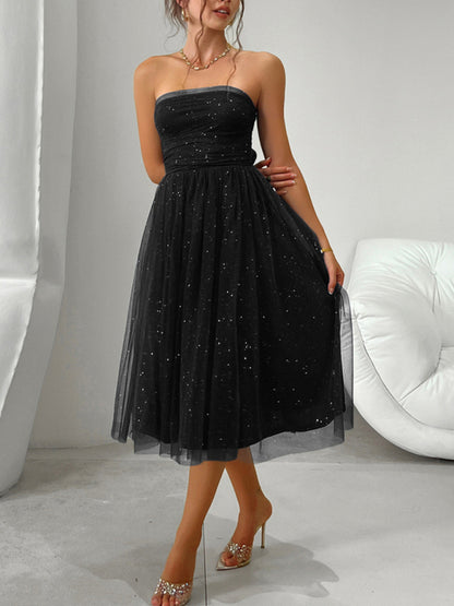 Tube Dresses - Strapless Flare Midi Dress with Sparkly Overlay LBD