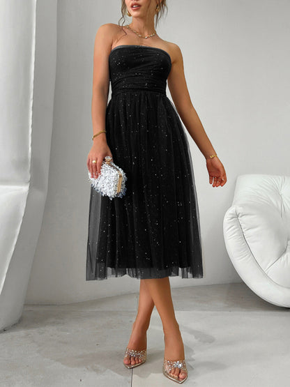 Tube Dresses - Strapless Flare Midi Dress with Sparkly Overlay LBD