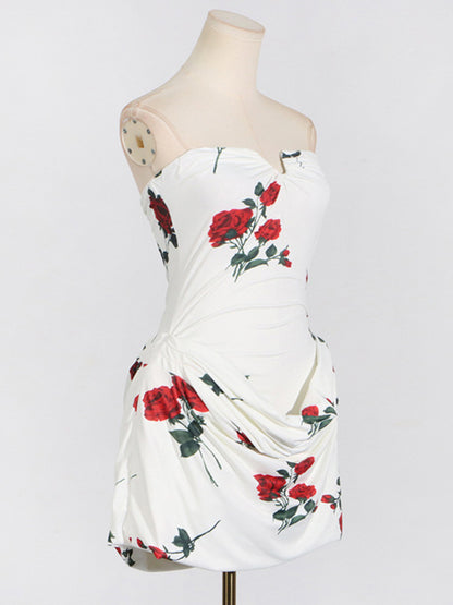 Tube Dresses - Wedding Guest Floral Mini Dress with Draped Skirt