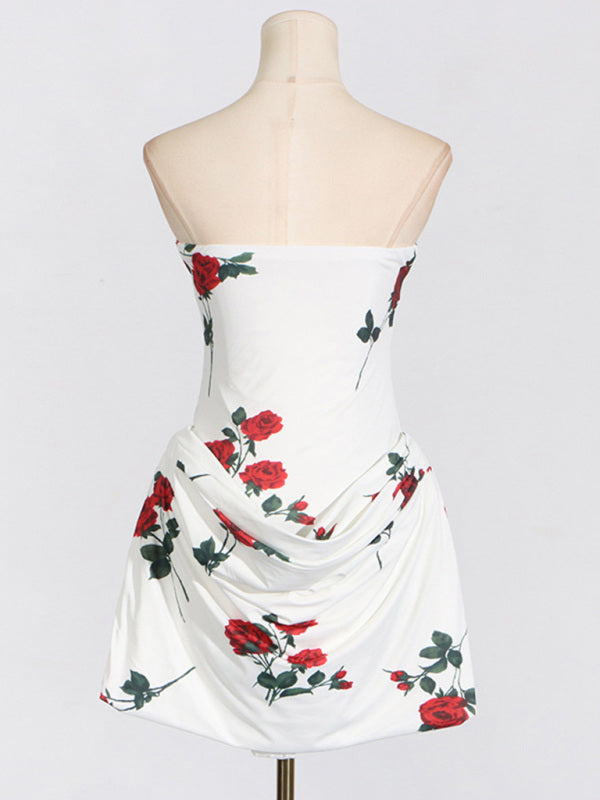 Tube Dresses - Wedding Guest Floral Mini Dress with Draped Skirt