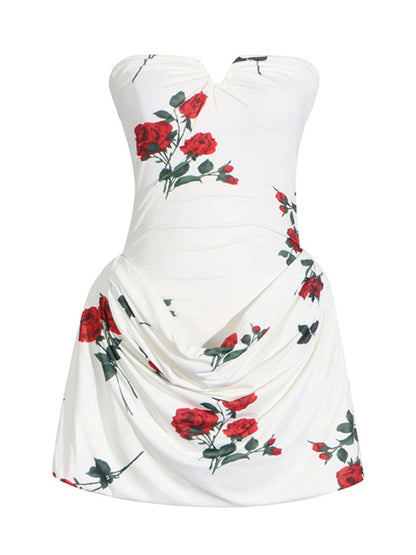 Tube Dresses - Wedding Guest Floral Mini Dress with Draped Skirt