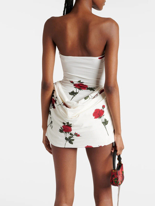 Tube Dresses - Wedding Guest Floral Mini Dress with Draped Skirt