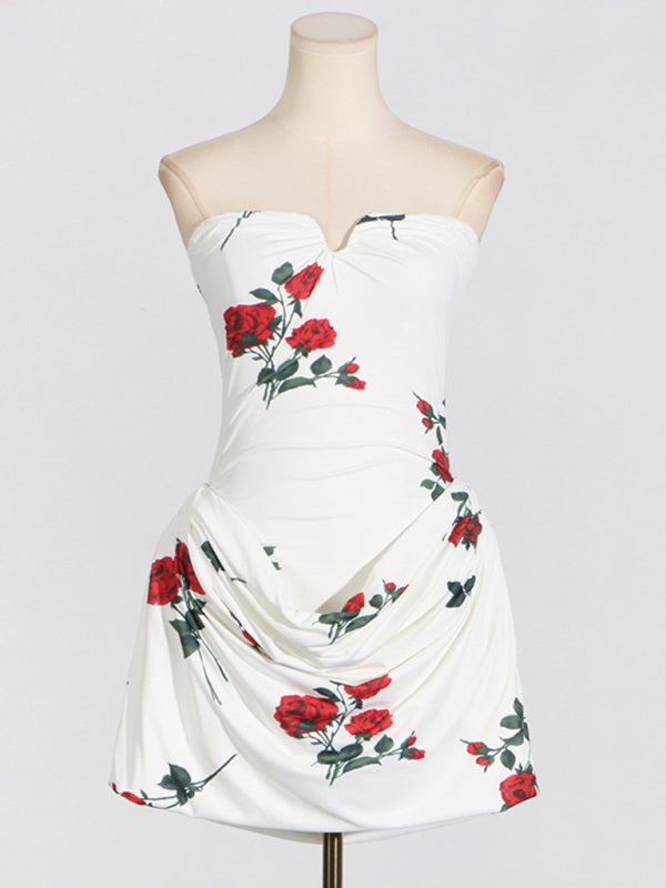 Tube Dresses - Wedding Guest Floral Mini Dress with Draped Skirt