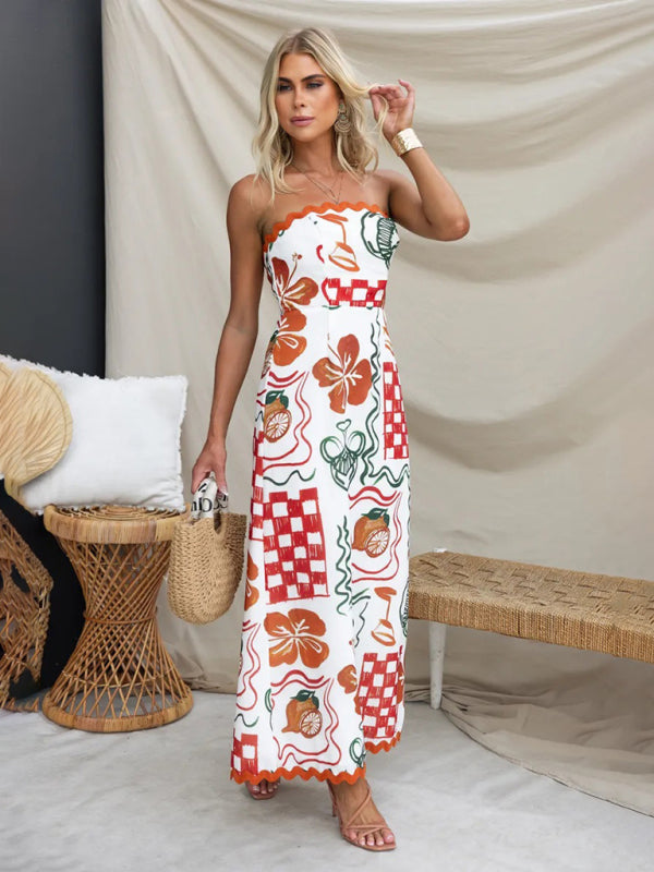 Tube Dresses- Women's A-Line Garden Party Strapless Tube Maxi Dress in Ric-Rac Trim- - Pekosa Women Fashion