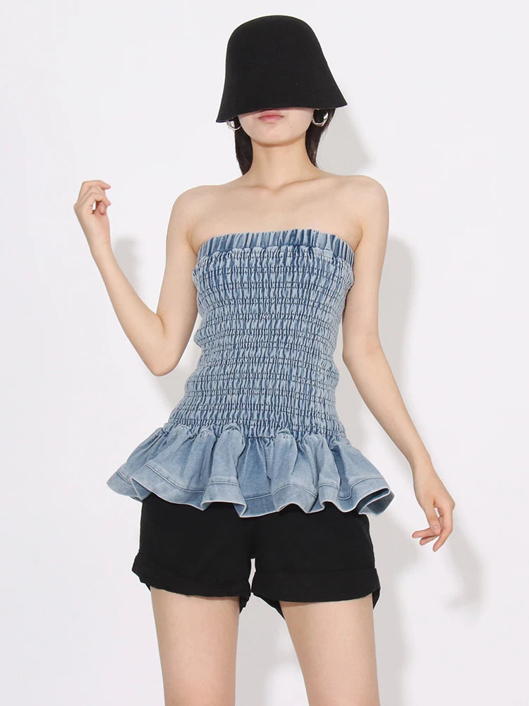 Tube Tops - Denim Tube Top with Ruffle Hem