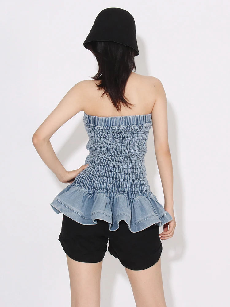 Tube Tops - Denim Tube Top with Ruffle Hem