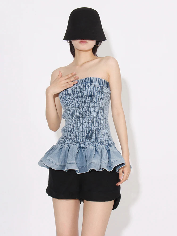 Tube Tops - Denim Tube Top with Ruffle Hem