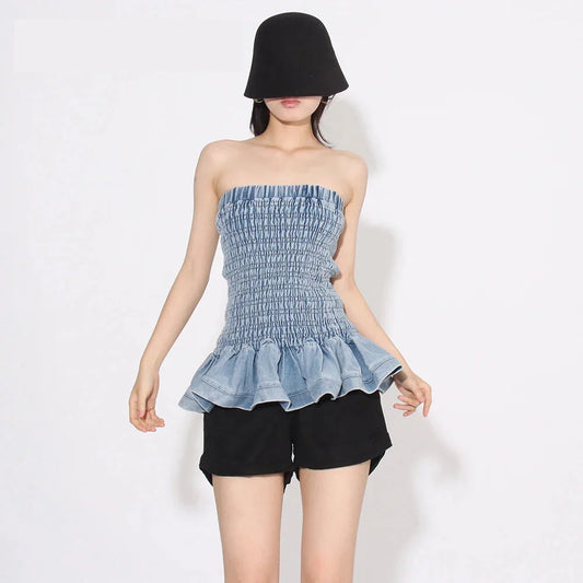 Tube Tops - Denim Tube Top with Ruffle Hem