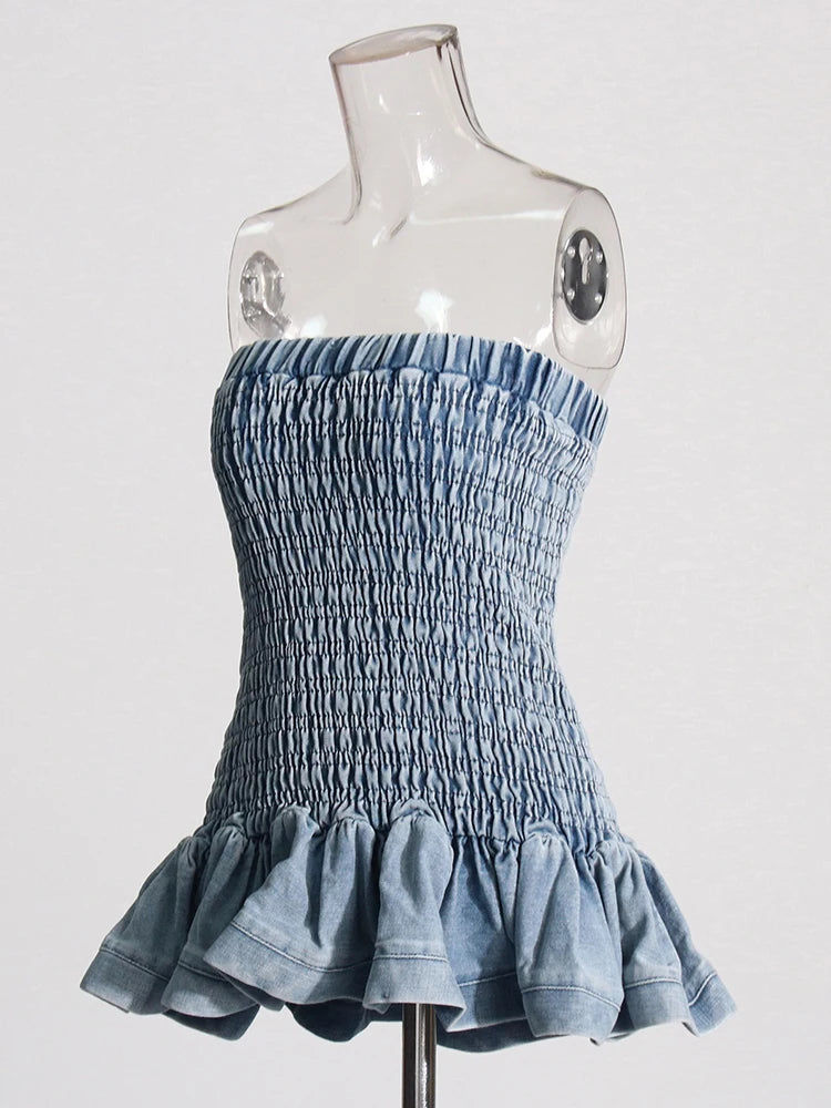 Tube Tops - Denim Tube Top with Ruffle Hem