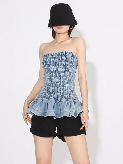 Tube Tops - Denim Tube Top with Ruffle Hem