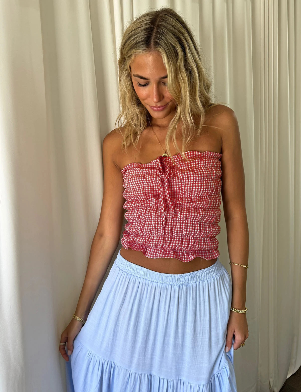 Tube Tops - Gingham Plaid Smock Strapless Tube Top