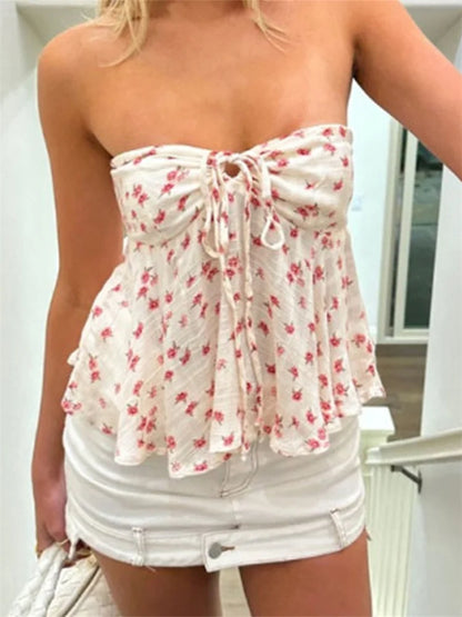 Tube-Top mit Schößchen und Blumenmuster zum Binden vorn in lebhaftem Print