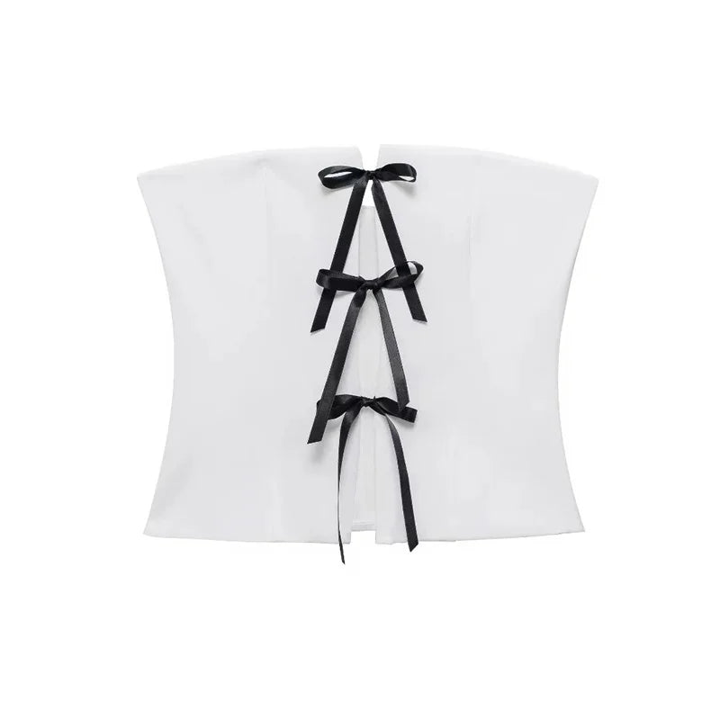 Tube Tops - White Strapless Corset Top with Black Laces