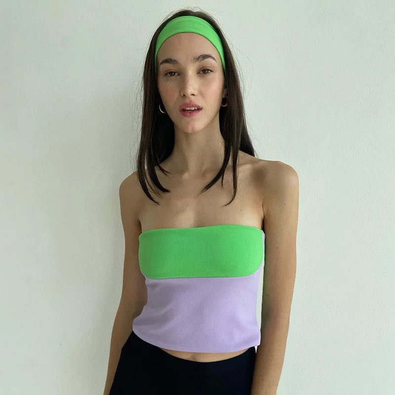 Tube Tops- Women Bandeau Crop Top in Bold Colors- Green Contrast- Pekosa Women Fashion