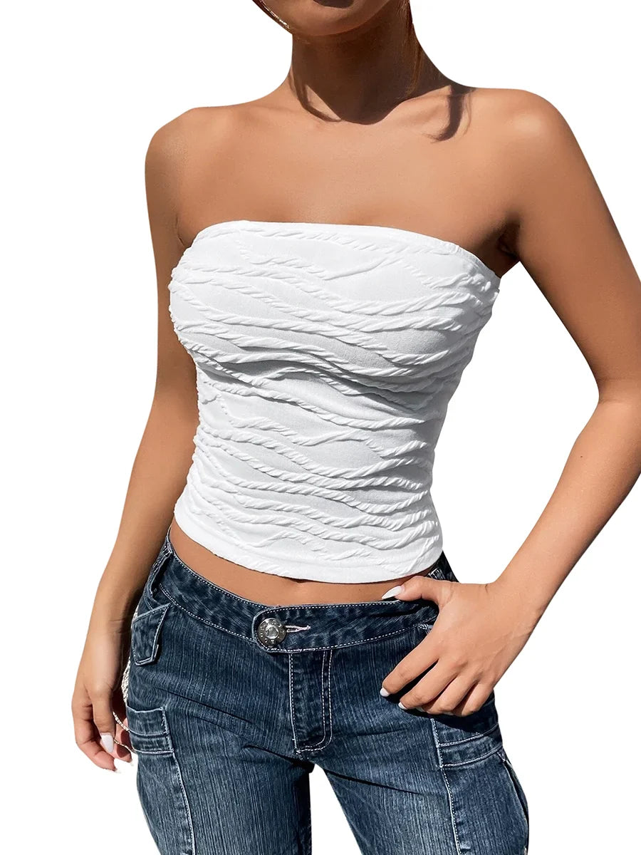 Tube Tops- Women Edgy Textured Strapless Tube Top- WHITE- Chuzko Women Clothing