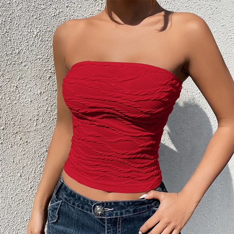 Tube Tops- Women Edgy Textured Strapless Tube Top- Red- Chuzko Women Clothing