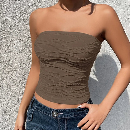 Tube Tops- Women Edgy Textured Strapless Tube Top- Light Brown- Chuzko Women Clothing