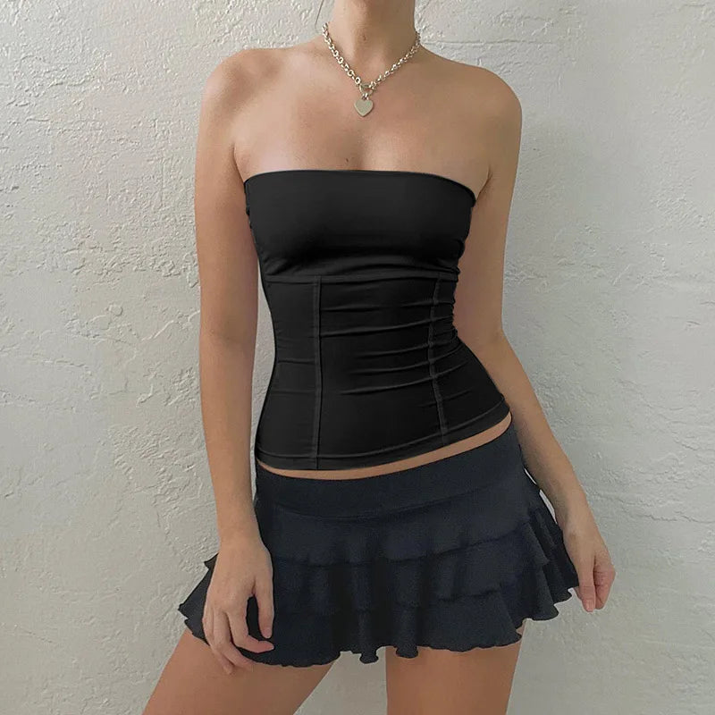 Tube Tops- Women Solid Strapless Corset Form-Fitting Top- Black- Pekosa Women Fashion