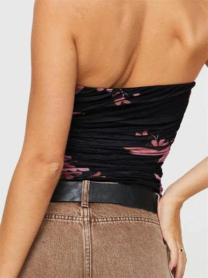 Tube Tops- Women's Ruched Tube Top with Floral Print- - Pekosa Women Fashion