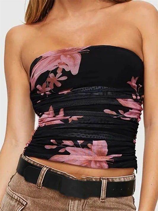 Tube Tops- Women's Ruched Tube Top with Floral Print- Floral Print- Pekosa Women Fashion