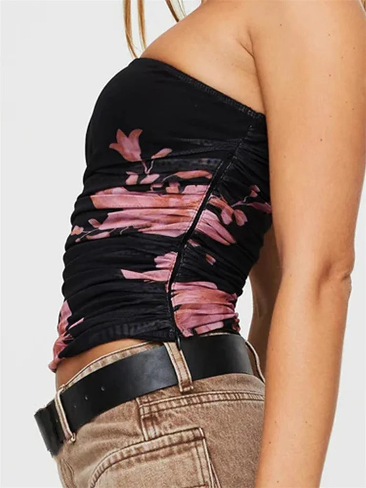 Tube Tops- Women's Ruched Tube Top with Floral Print- - Pekosa Women Fashion