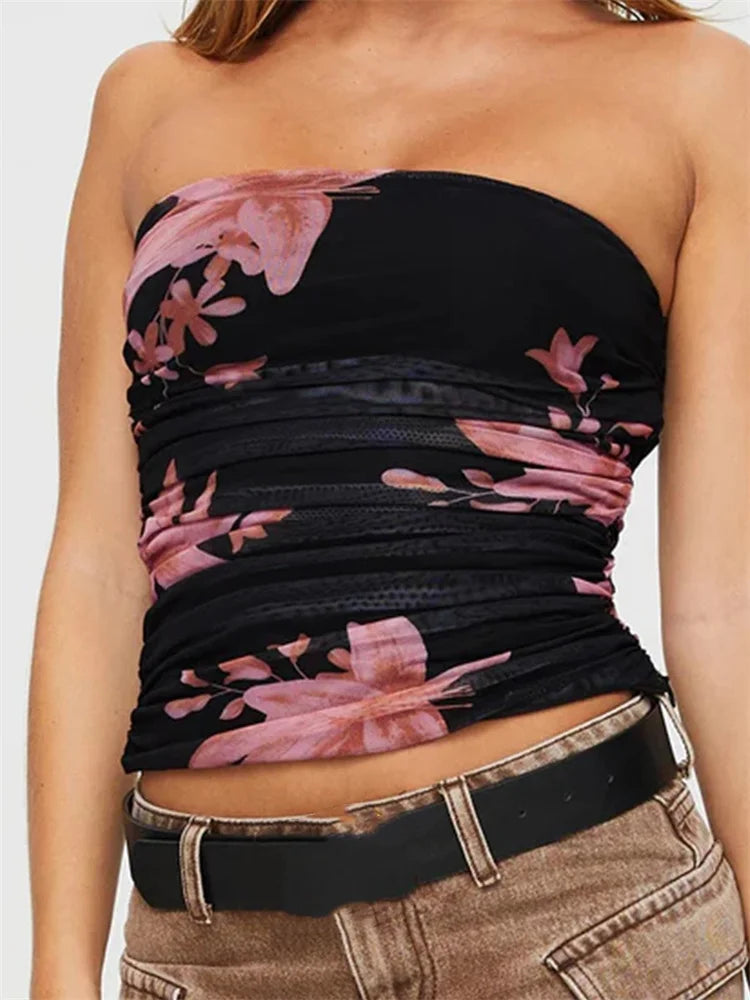 Tube Tops- Women's Ruched Tube Top with Floral Print- - Pekosa Women Fashion