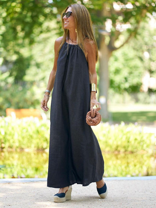 Tunic Dresses - Bohemian Cotton Linen Halter Dress for Effortless Style