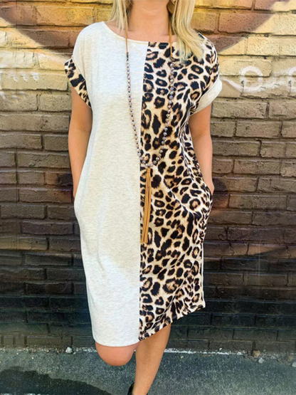 Tunic Dresses- Animal Print Color Block Tunic Dress for Relaxed Days- Misty grey- Pekosa Women Fashion
