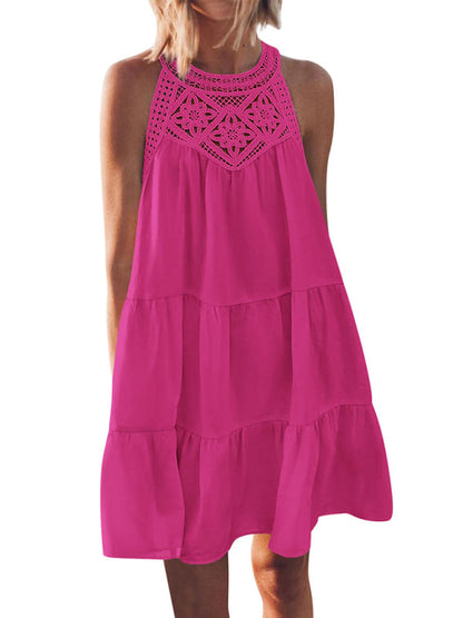 Tunic Dresses- Solid Sleeveless Tunic Tiered Dress with Embroidered Panel- - Chuzko Women Clothing