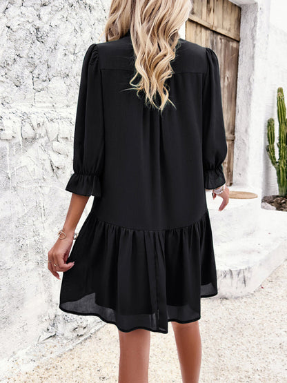 Tunic Dresses- Summer Solid V-Neck Ruffle Tunic Dress with 3/4 Sleeves- - Chuzko Women Clothing