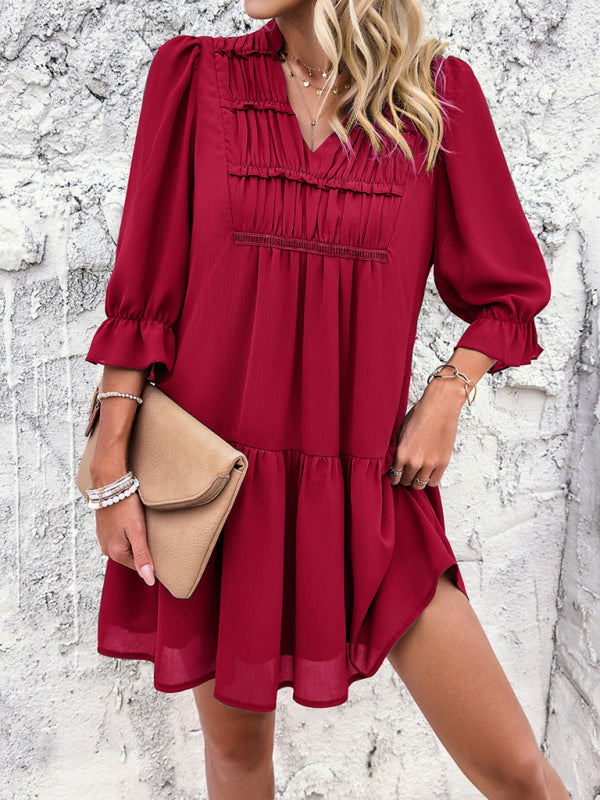 Tunic Dresses- Summer Solid V-Neck Ruffle Tunic Dress with 3/4 Sleeves- - Chuzko Women Clothing