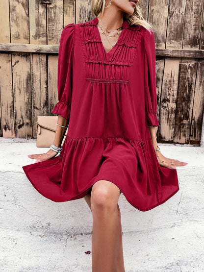 Tunic Dresses- Summer Solid V-Neck Ruffle Tunic Dress with 3/4 Sleeves- - Chuzko Women Clothing