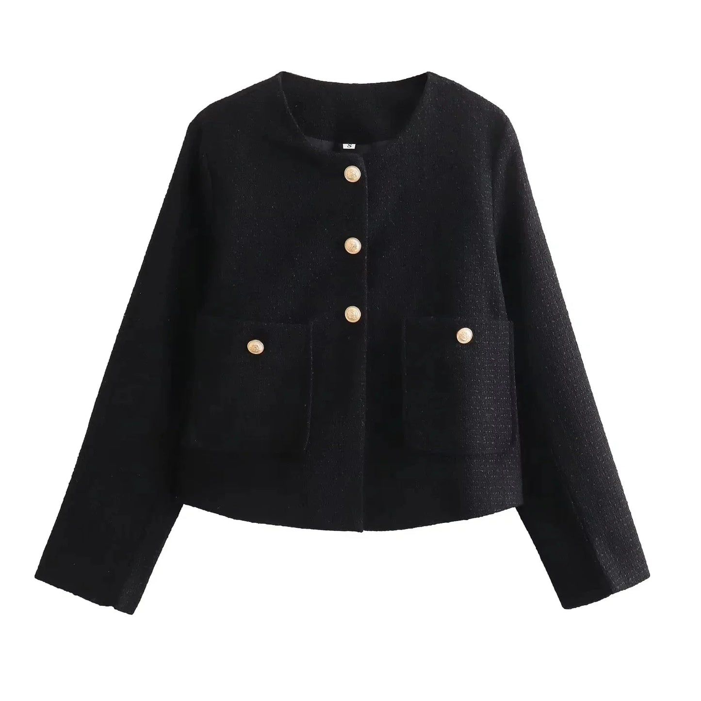 Tweed Jackets- Elegant Tweed Jacket with Golden Buttons- Black- Chuzko Women Clothing