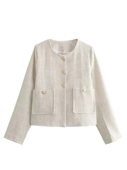 Tweed Jackets- Elegant Tweed Jacket with Golden Buttons- - Chuzko Women Clothing