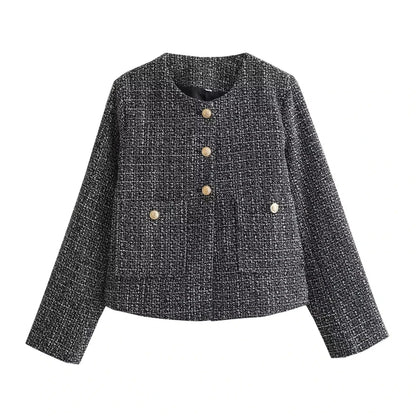 Tweed Jackets- Elegant Tweed Jacket with Golden Buttons- Grey- Chuzko Women Clothing