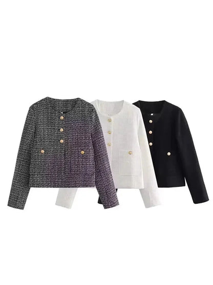 Tweed Jackets- Elegant Tweed Jacket with Golden Buttons- - Chuzko Women Clothing