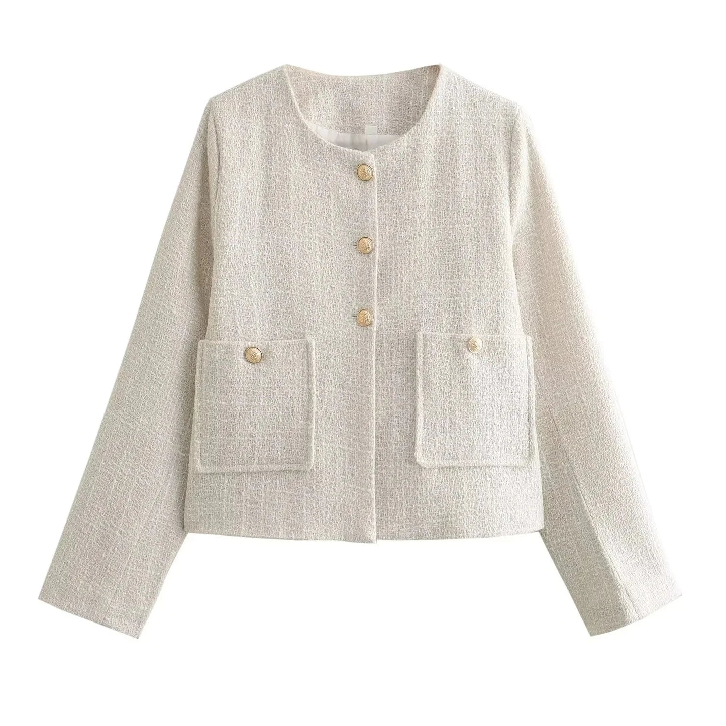 Tweed Jackets- Elegant Tweed Jacket with Golden Buttons- Beige- Chuzko Women Clothing