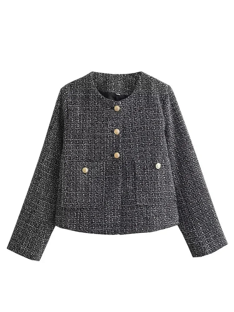 Tweed Jackets- Elegant Tweed Jacket with Golden Buttons- - Chuzko Women Clothing