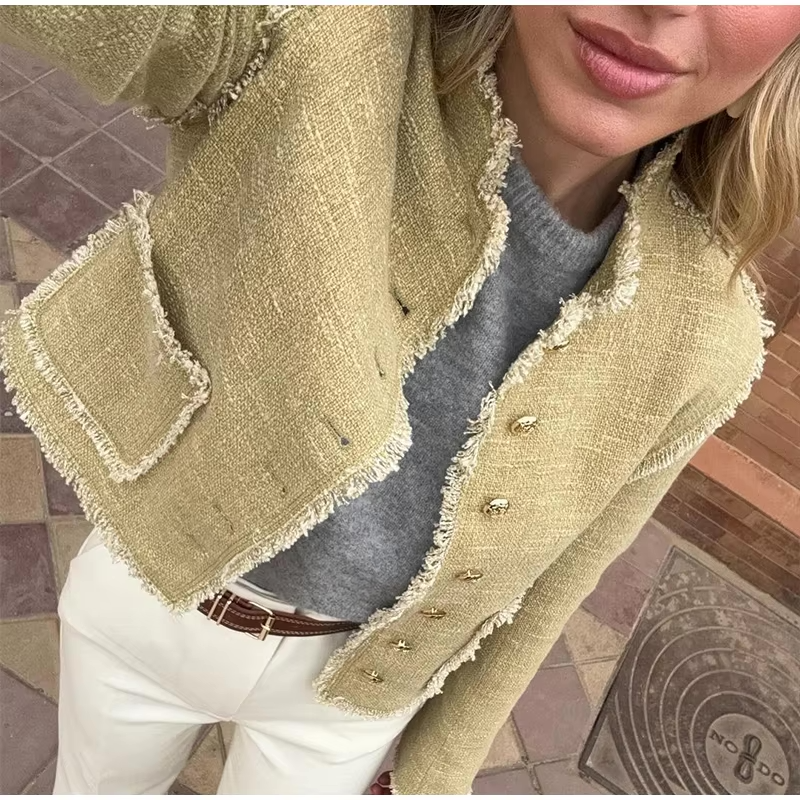 Cropped Jackets - Tweed Textured Fabric Chic Jacket