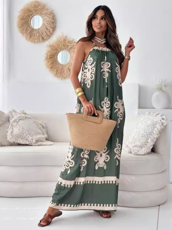 Vacation Dresses- Black & White Boho Tunic Dress- Green- Pekosa Women Fashion