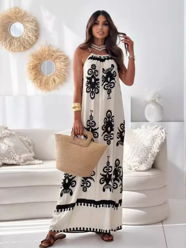 Vacation Dresses- Black & White Boho Tunic Dress- Cracker khaki- Pekosa Women Fashion