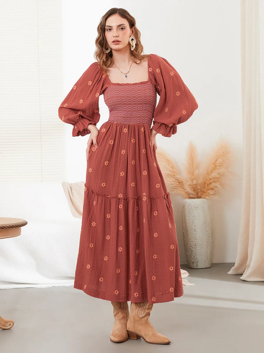 Vacation Dresses- Boho Floral Embroidered Long Dress for Casual Weddings- Rust- Pekosa Women Fashion