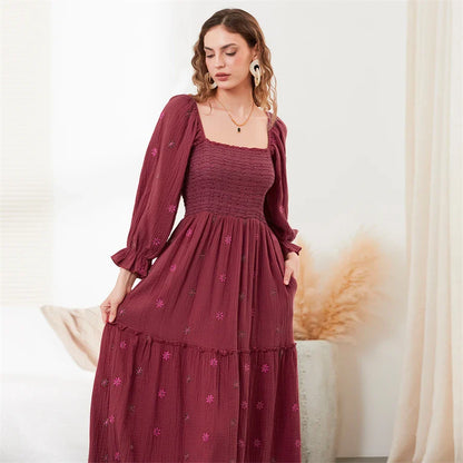 Vacation Dresses- Boho Floral Embroidered Long Dress for Casual Weddings- - Pekosa Women Fashion