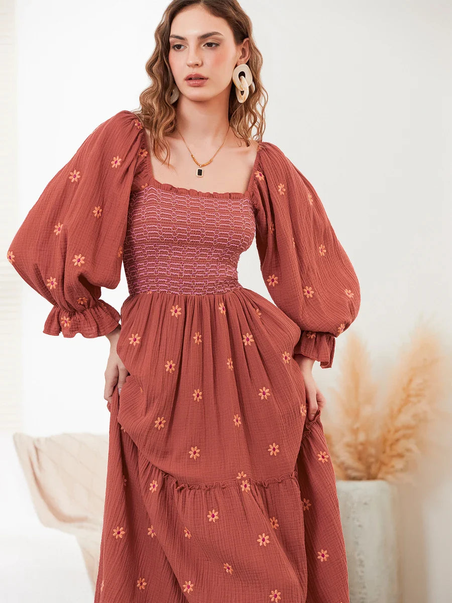 Vacation Dresses- Boho Floral Embroidered Long Dress for Casual Weddings- - Pekosa Women Fashion