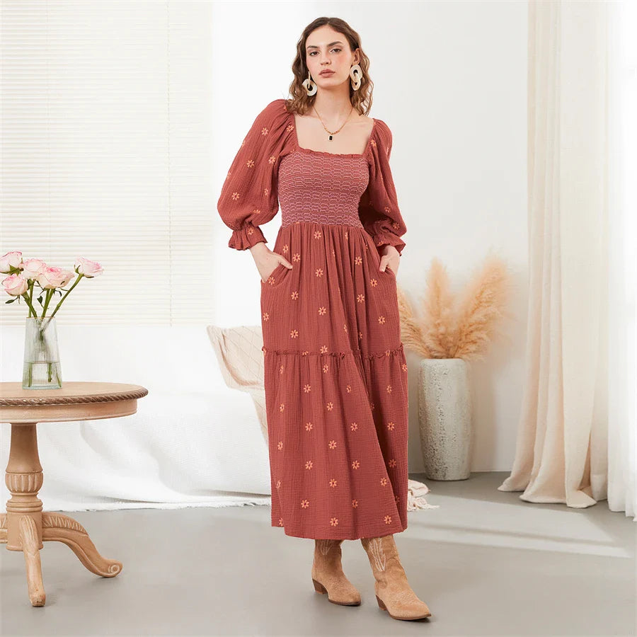 Vacation Dresses- Boho Floral Embroidered Long Dress for Casual Weddings- - Pekosa Women Fashion