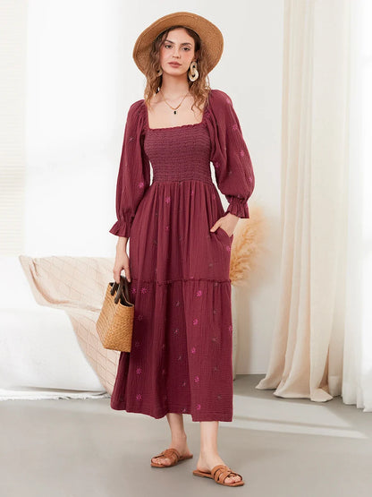 Vacation Dresses- Boho Floral Embroidered Long Dress for Casual Weddings- Wine Red- Pekosa Women Fashion